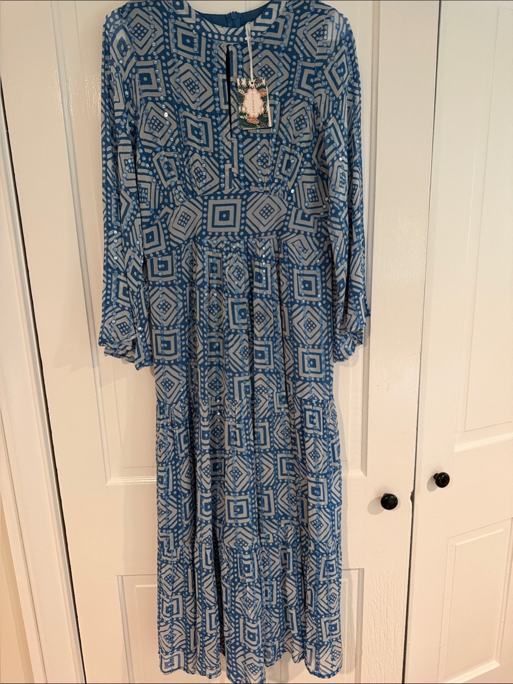 Oliphant Blue Geometric Long Sleeve Maxi Dress with sequins NWT